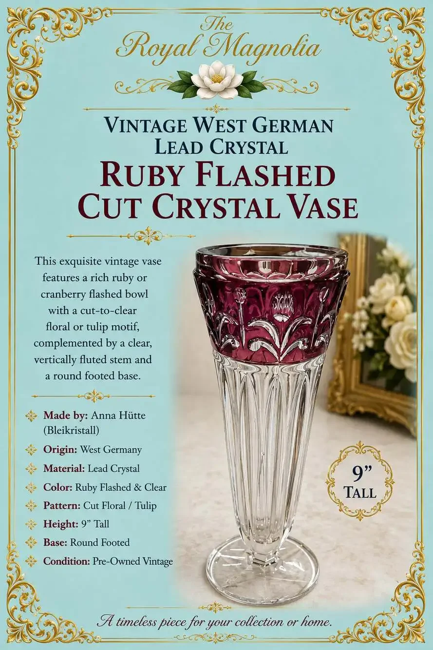 Anna Hütte West German Lead Crystal Ruby Flashed Cut-to-Clear Floral Tulip Vase